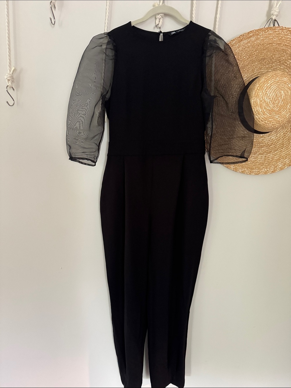Zara Black Jumpsuit with Sheer Puff Sleeves